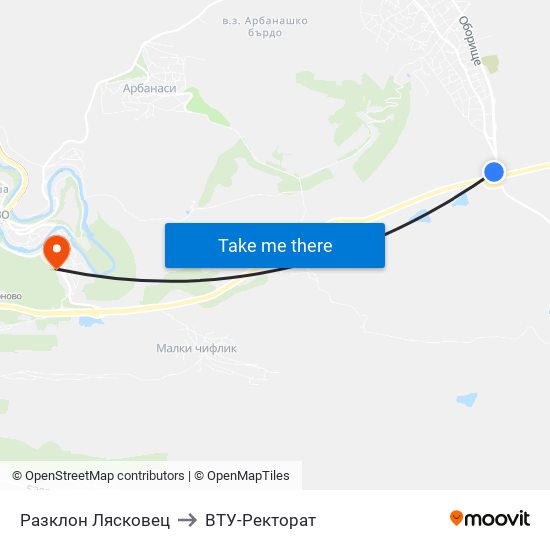 Разклон Лясковец to ВТУ-Ректорат map