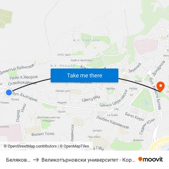 Беляковско Шосе / Belyakovsko Shosse to Великотърновски университет - Корпус 5 (University of Veliko Tarnovo map