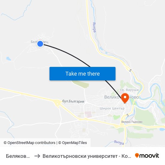 Беляковец - Център to Великотърновски университет - Корпус 5 (University of Veliko Tarnovo map