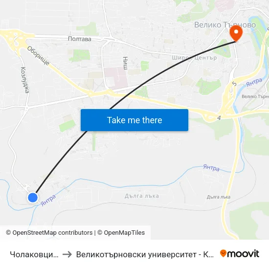 Чолаковци / Cholakovtsi to Великотърновски университет - Корпус 5 (University of Veliko Tarnovo map