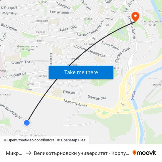 Микропазар to Великотърновски университет - Корпус 5 (University of Veliko Tarnovo map