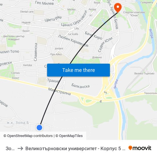 Зона В / Zona V to Великотърновски университет - Корпус 5 (University of Veliko Tarnovo map