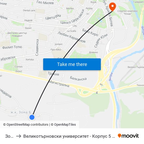 Зона В to Великотърновски университет - Корпус 5 (University of Veliko Tarnovo map