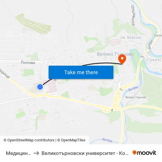 Медицински Колеж to Великотърновски университет - Корпус 5 (University of Veliko Tarnovo map