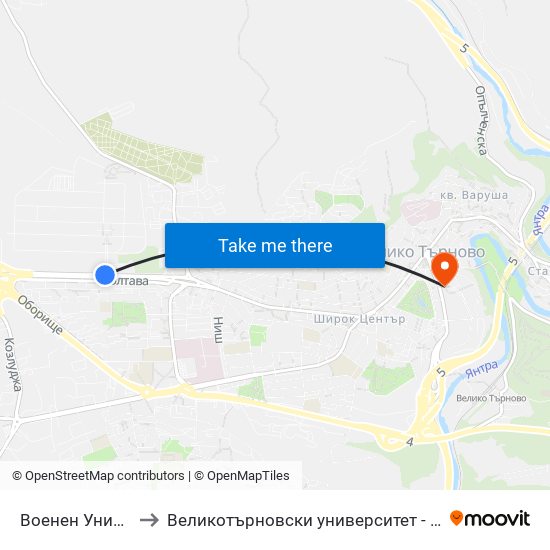 Военен Университет - Втора to Великотърновски университет - Корпус 5 (University of Veliko Tarnovo map