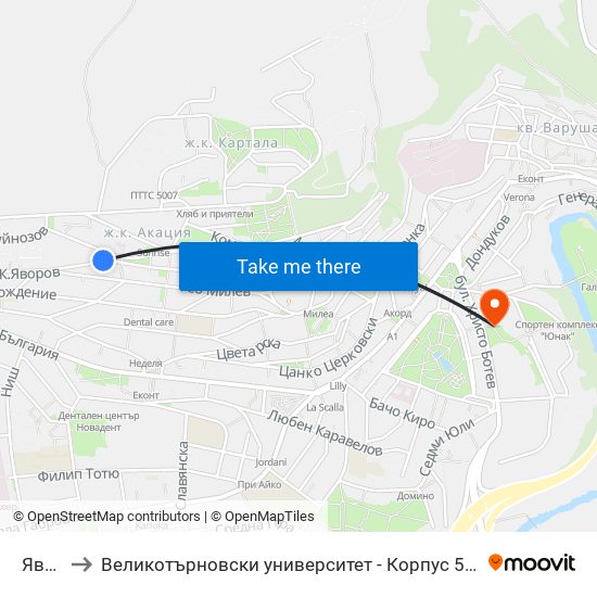 Яворов to Великотърновски университет - Корпус 5 (University of Veliko Tarnovo map