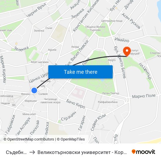 Съдебна Палата to Великотърновски университет - Корпус 5 (University of Veliko Tarnovo map