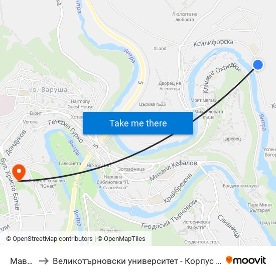 Мавриков / Mavrikov to Великотърновски университет - Корпус 5 (University of Veliko Tarnovo map