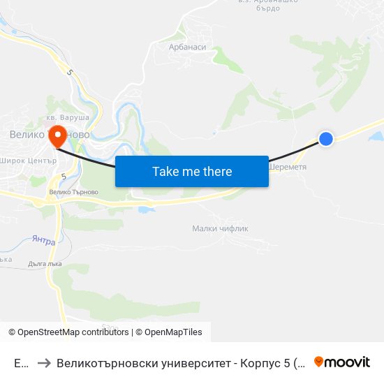 Е772 to Великотърновски университет - Корпус 5 (University of Veliko Tarnovo map