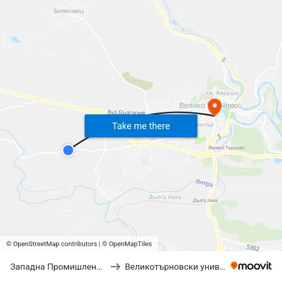 Западна Промишлена Зона - Втора / West Industrial Zone - Second to Великотърновски университет - Корпус 5 (University of Veliko Tarnovo map