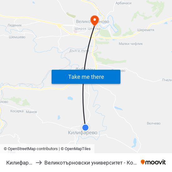 Килифарево - Втора / Kilifarovo - Second to Великотърновски университет - Корпус 5 (University of Veliko Tarnovo map