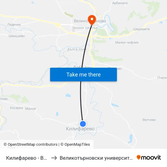 Килифарево - Втора / Kilifarovo - Second to Великотърновски университет - Корпус 5 (University of Veliko Tarnovo map