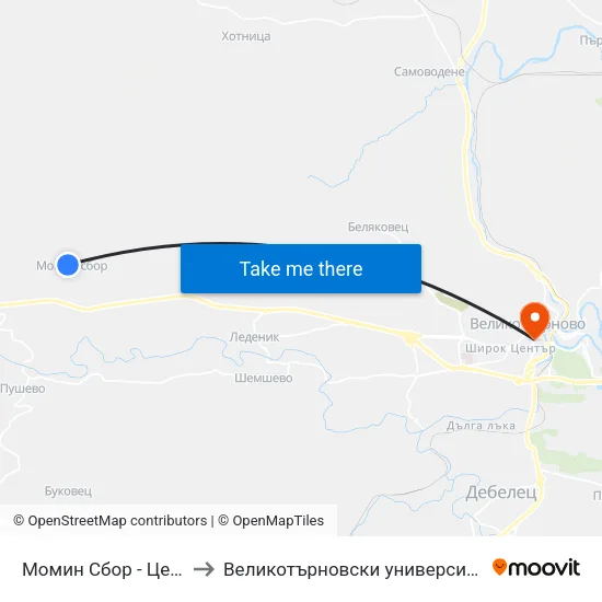 Момин Сбор - Център / Momin Sbor - Centre to Великотърновски университет - Корпус 5 (University of Veliko Tarnovo map