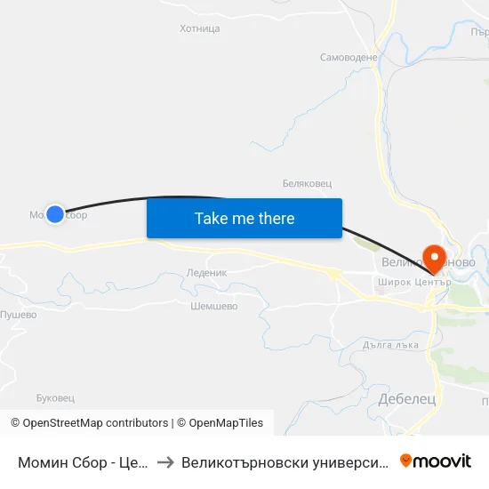 Момин Сбор - Център / Momin Sbor - Centre to Великотърновски университет - Корпус 5 (University of Veliko Tarnovo map