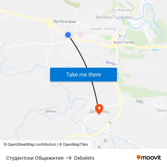 Студентски Общежития to Debelets map