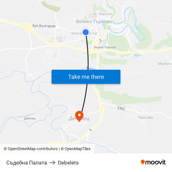 Съдебна Палата to Debelets map