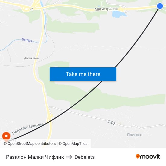 Разклон Малки Чифлик to Debelets map