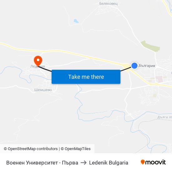 Военен Университет - Първа to Ledenik Bulgaria map