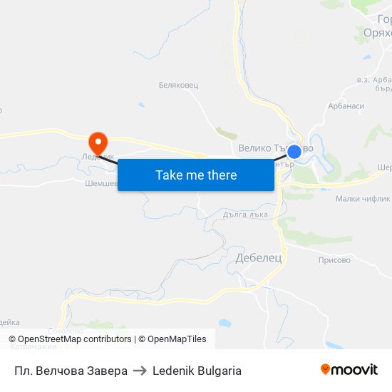 Пл. Велчова Завера to Ledenik Bulgaria map
