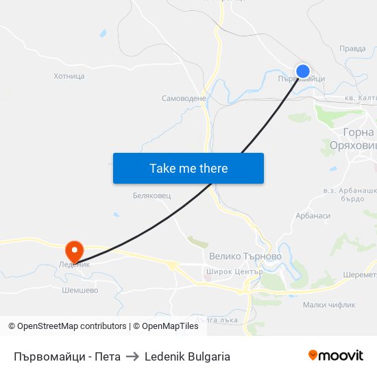 Първомайци - Пета to Ledenik Bulgaria map