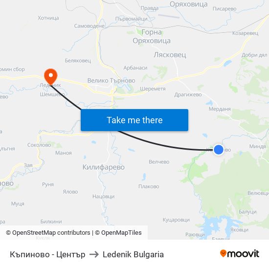 Къпиново - Център / Kapinovo - Centre to Ledenik Bulgaria map