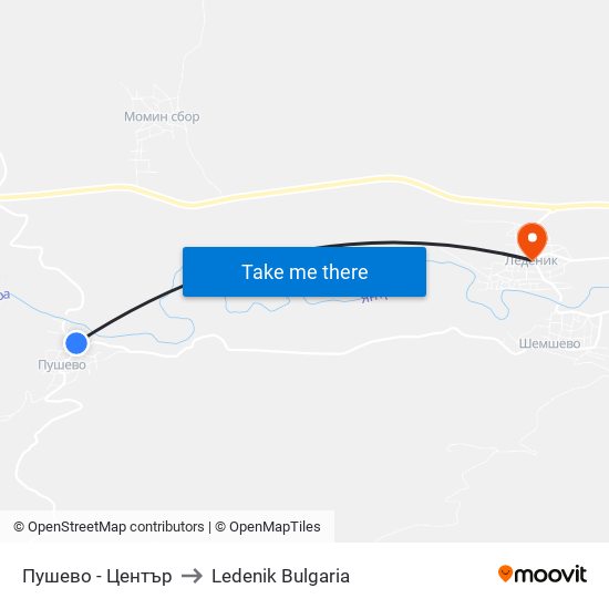 Пушево - Център / Pushevo - Centre to Ledenik Bulgaria map