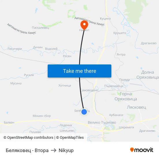 Беляковец - Втора to Nikyup map