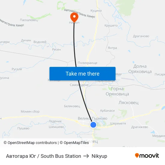 Автогара Юг / South Bus Station to Nikyup map