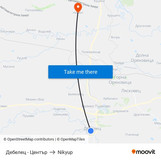 Дебелец - Център / Debelets - Centre to Nikyup map