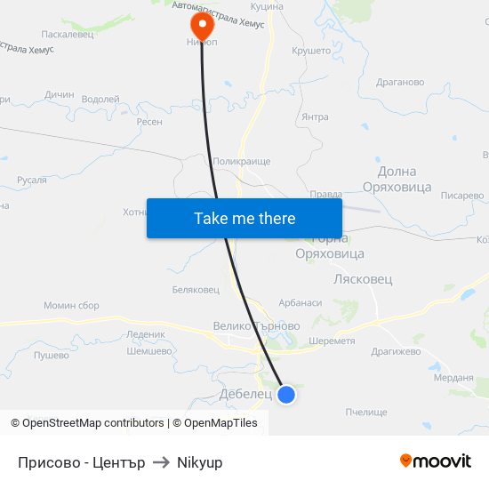 Присово - Център / Prisovo - Centre to Nikyup map