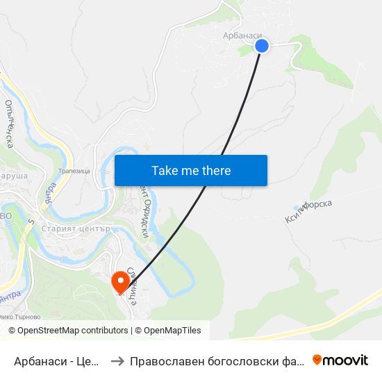 Арбанаси - Център / Arbanasi - Centre to Православен богословски факултет map