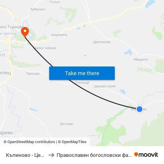 Къпиново - Център / Kapinovo - Centre to Православен богословски факултет map