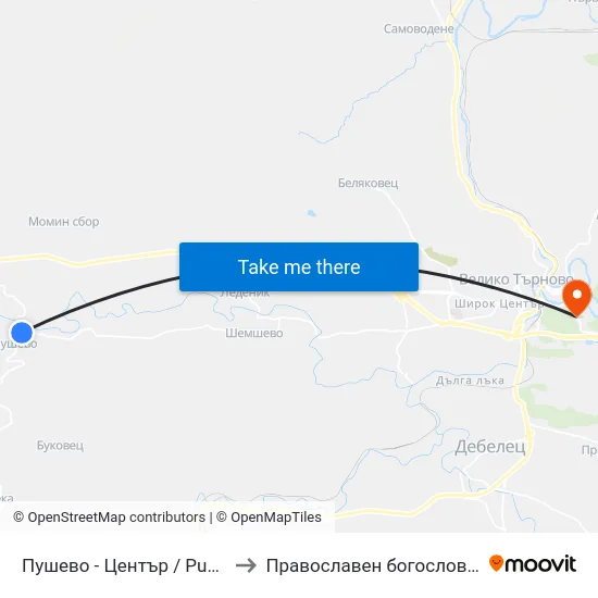 Пушево - Център / Pushevo - Centre to Православен богословски факултет map