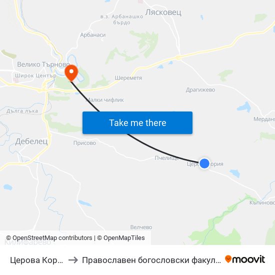 Церова Кория to Православен богословски факултет map