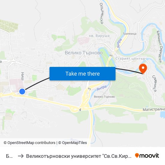 Болница to Великотърновски университет "Св.Св.Кирил и Методий" (University of Veliko Tarnovo Sv.sv.Kiril i Met map