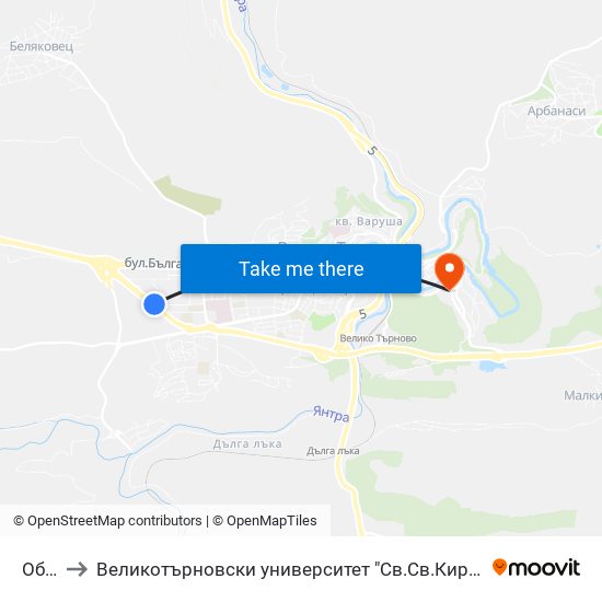 Оборище to Великотърновски университет "Св.Св.Кирил и Методий" (University of Veliko Tarnovo Sv.sv.Kiril i Met map