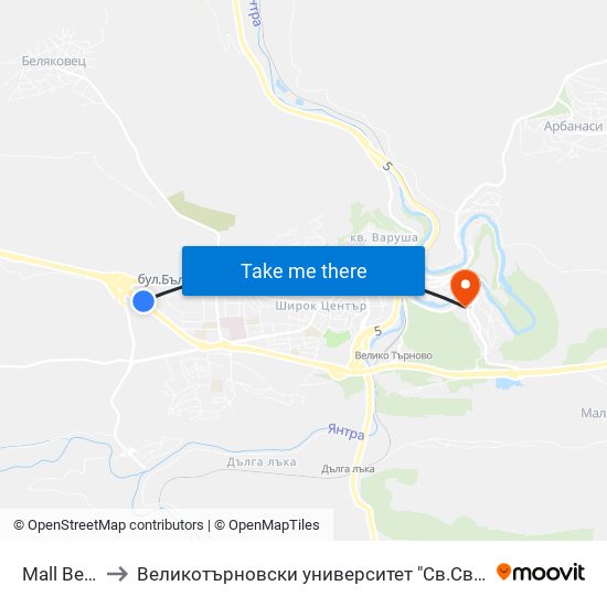 Mall Велико Търново to Великотърновски университет "Св.Св.Кирил и Методий" (University of Veliko Tarnovo Sv.sv.Kiril i Met map