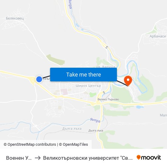 Военен Университет - Първа to Великотърновски университет "Св.Св.Кирил и Методий" (University of Veliko Tarnovo Sv.sv.Kiril i Met map