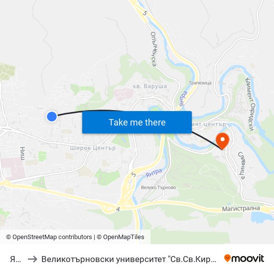 Яворов to Великотърновски университет "Св.Св.Кирил и Методий" (University of Veliko Tarnovo Sv.sv.Kiril i Met map