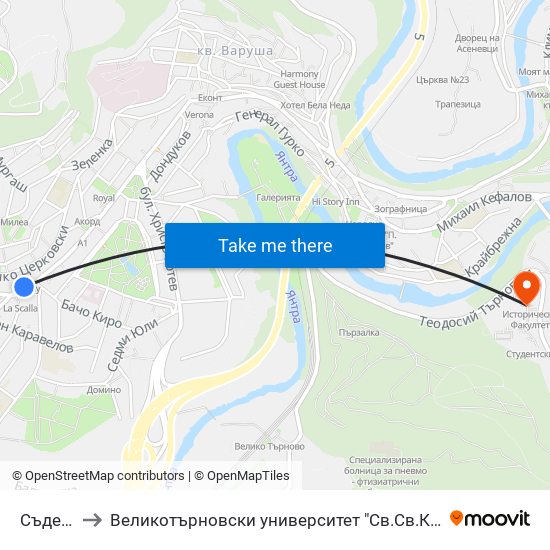 Съдебна Палата to Великотърновски университет "Св.Св.Кирил и Методий" (University of Veliko Tarnovo Sv.sv.Kiril i Met map