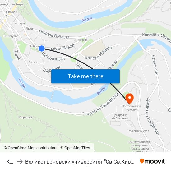 Конака to Великотърновски университет "Св.Св.Кирил и Методий" (University of Veliko Tarnovo Sv.sv.Kiril i Met map