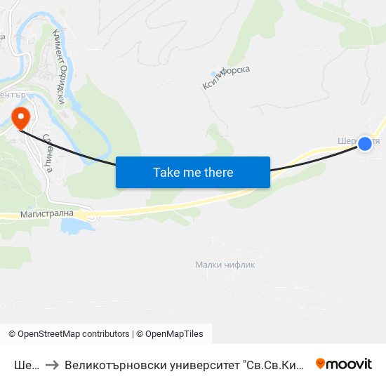 Шереметя to Великотърновски университет "Св.Св.Кирил и Методий" (University of Veliko Tarnovo Sv.sv.Kiril i Met map