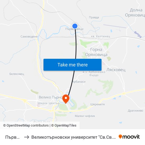 Първомайци - Пета (Съвет) / Parvomaytsi - Fifth to Великотърновски университет "Св.Св.Кирил и Методий" (University of Veliko Tarnovo Sv.sv.Kiril i Met map