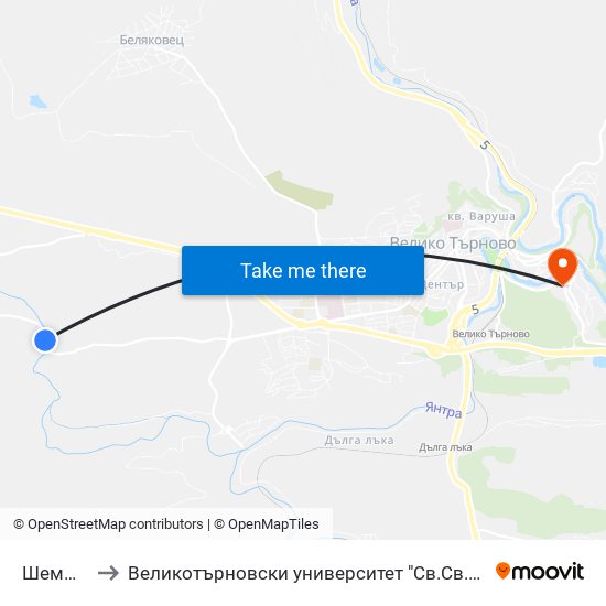 Шемшевско Шосе / Shemshevsko Shosse to Великотърновски университет "Св.Св.Кирил и Методий" (University of Veliko Tarnovo Sv.sv.Kiril i Met map