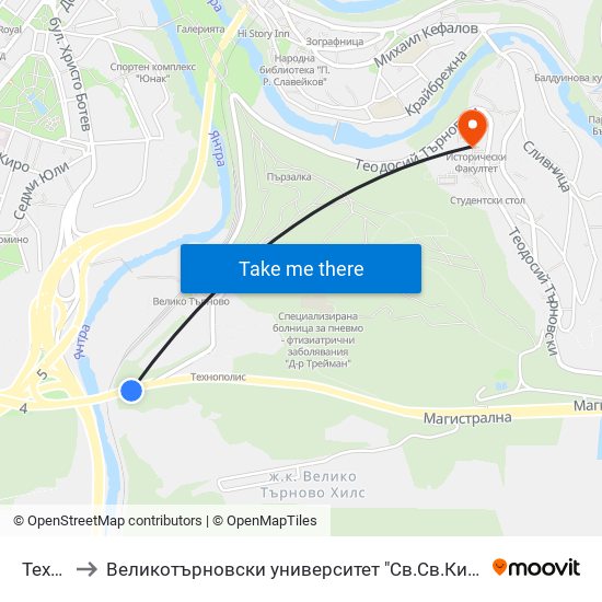 Технополис to Великотърновски университет "Св.Св.Кирил и Методий" (University of Veliko Tarnovo Sv.sv.Kiril i Met map