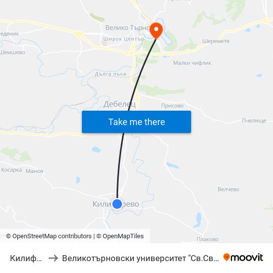 Килифарево - Център / Kilifarevo - Centre to Великотърновски университет "Св.Св.Кирил и Методий" (University of Veliko Tarnovo Sv.sv.Kiril i Met map