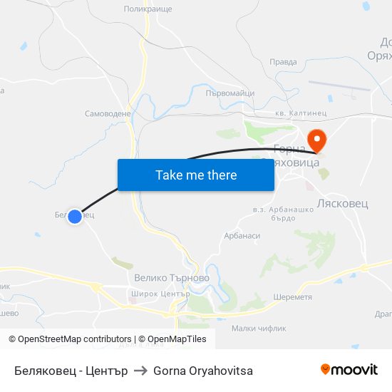 Беляковец - Център to Gorna Oryahovitsa map
