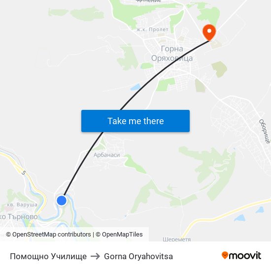 Помощно Училище / Aided School to Gorna Oryahovitsa map