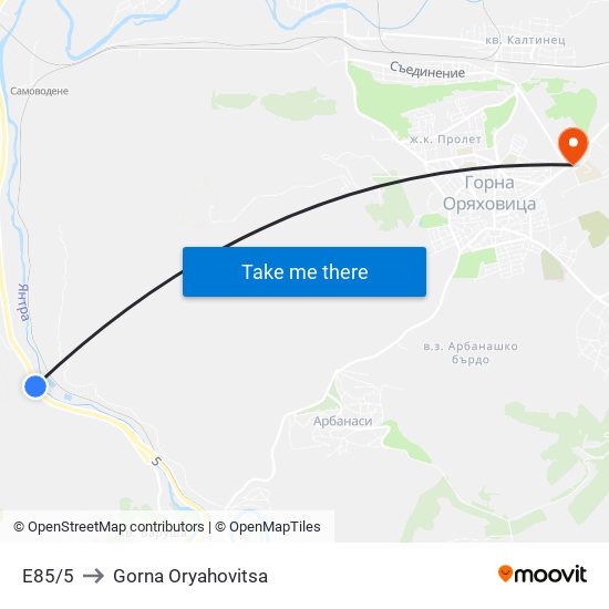 E85/5 to Gorna Oryahovitsa map