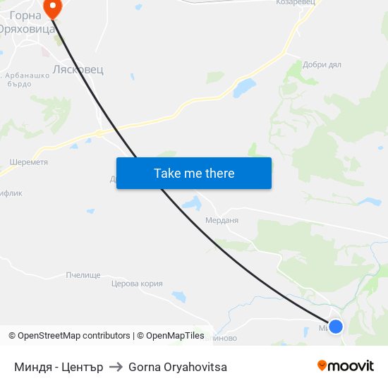 Миндя - Център / Mindya - Centre to Gorna Oryahovitsa map